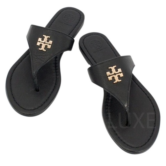 Tory Burch Shoes - Black/Gold Laura Flat - Tumbled Leather Sandals size 7